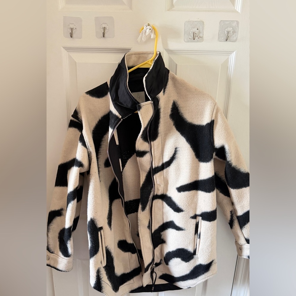 Joie Zebra Print Jacket S | Black & Cream Fleece Zip-Up Coat